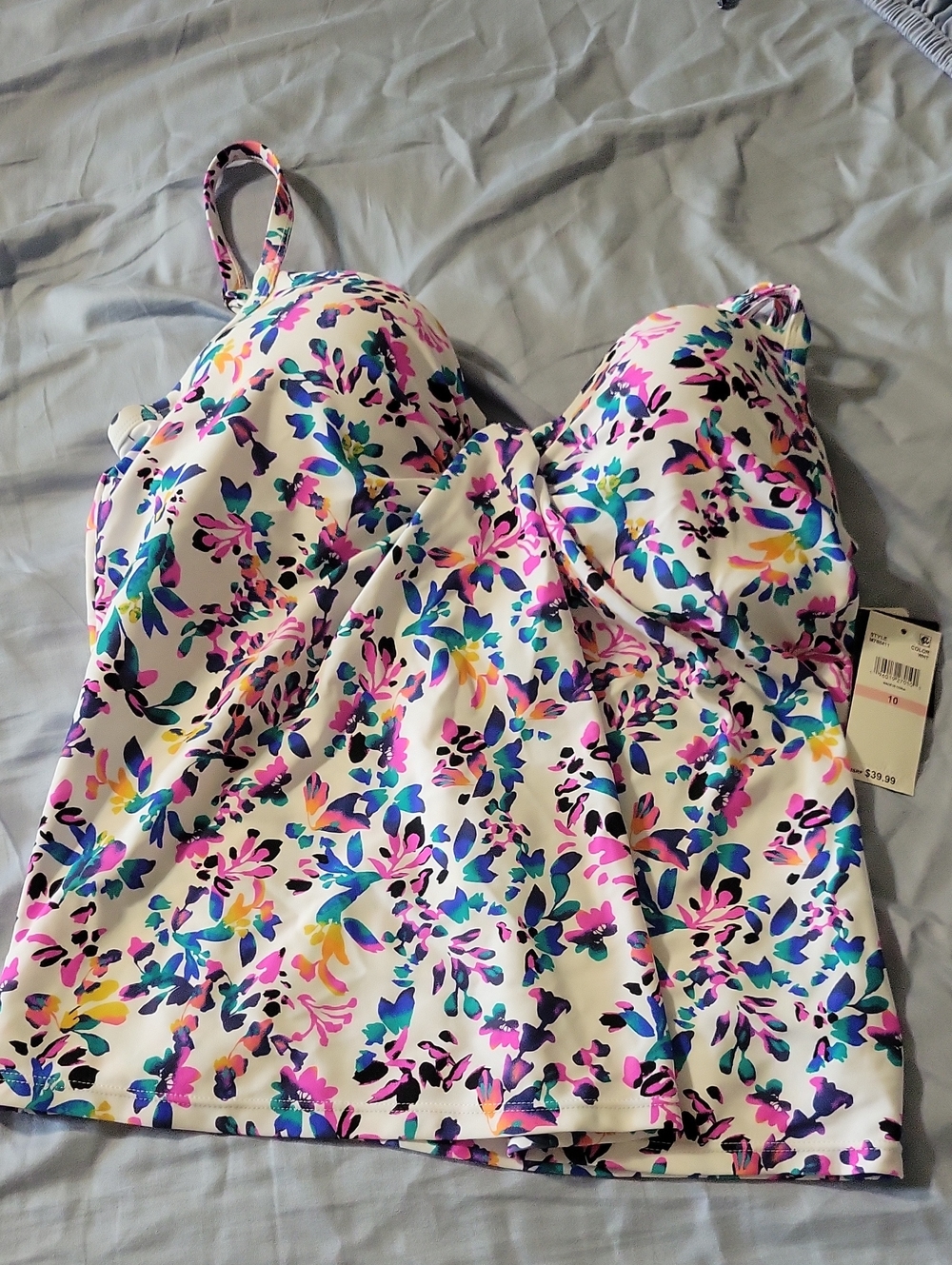 Island Escape White Floral Tankini Top with Pink Blue Purple Accents